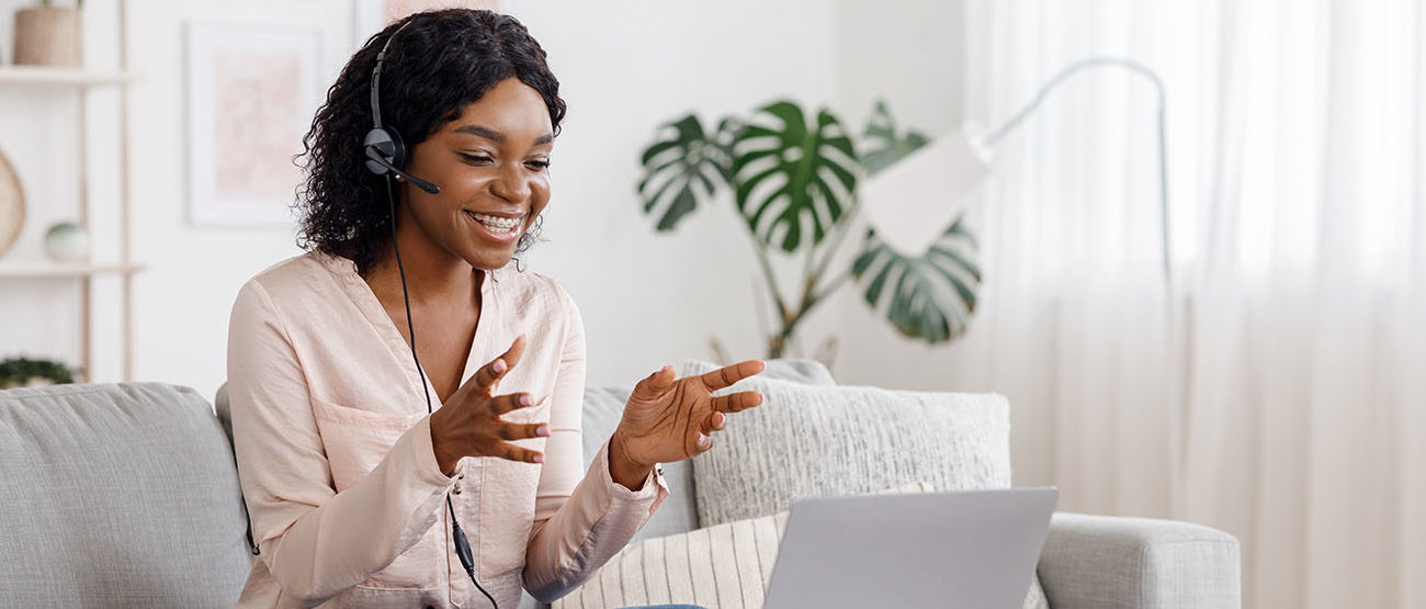 woman talking on headphones