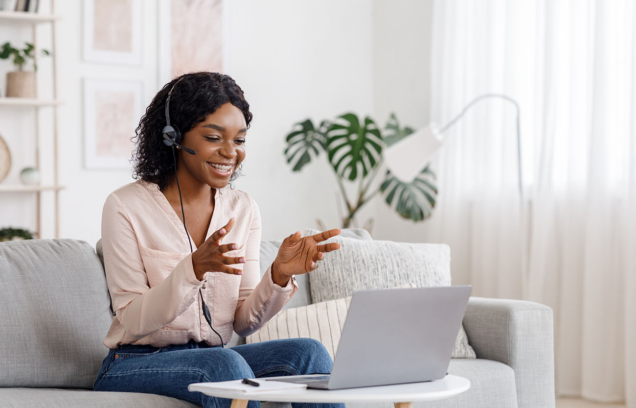 woman talking on headphones