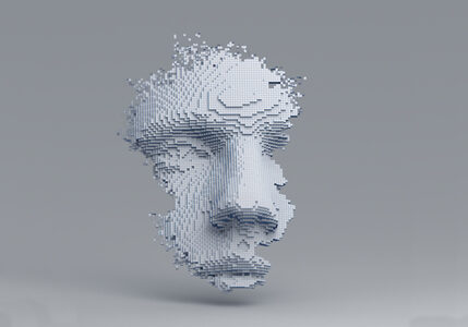 Abstract human face. 3D illustration of a head constructing from cubes. Artificial intelligence concept.