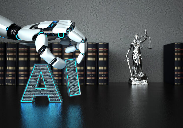 A robot hand with the letter AI and a lady justice statue on the wooden table with law books. 3d illustration.